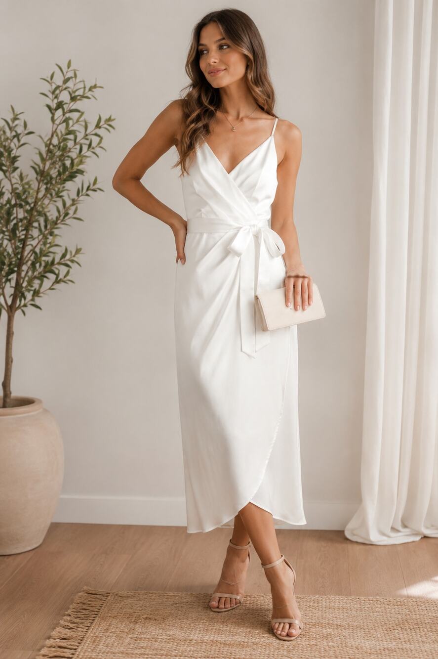 NEW Lulus Joice White Satin Tie Waist Wedding Bridal Shower Midi Dress Medium